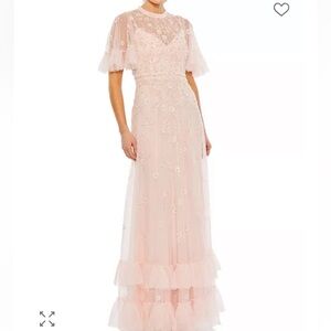 MacDuggal Ruffled Floral Embellished Flutter Sleeve A line Gown